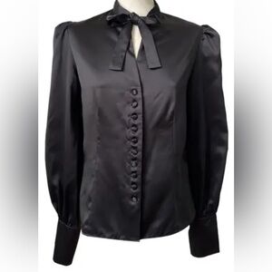 Tom Ford Long Sleeve Neck Black Satin Blouse with Cutout Bow Detail, Sz Medium